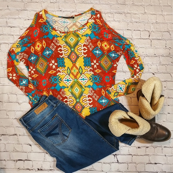 Peach Love California Tops - Western Aztec Dolman Long Sleeve Top